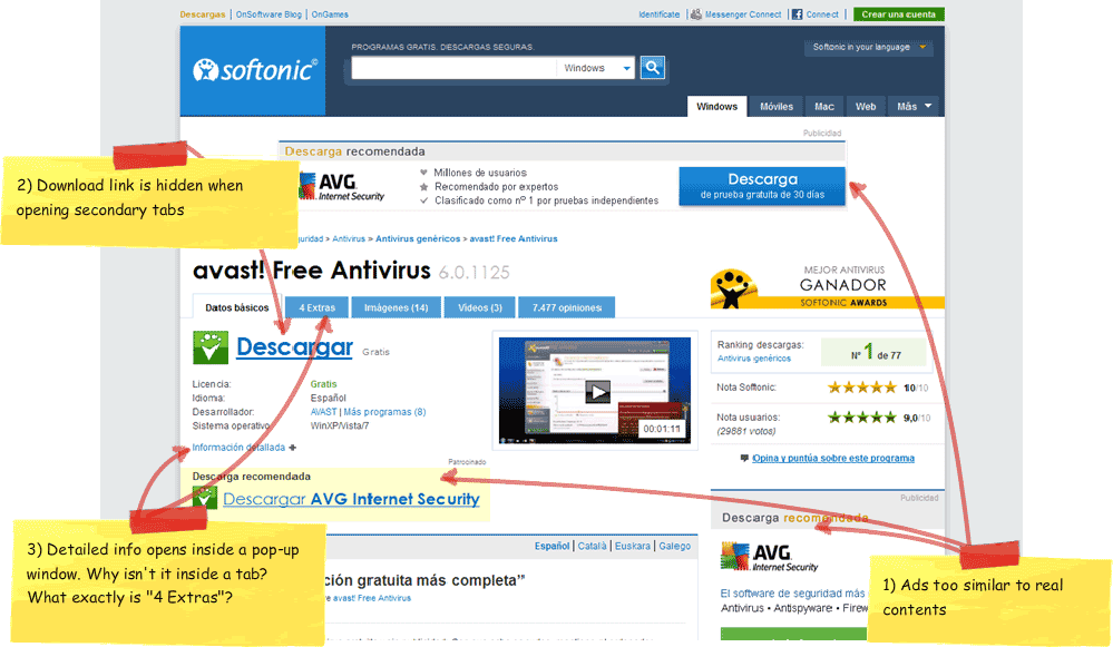 Weak points on Softonic download page Weak points on Softonic download page